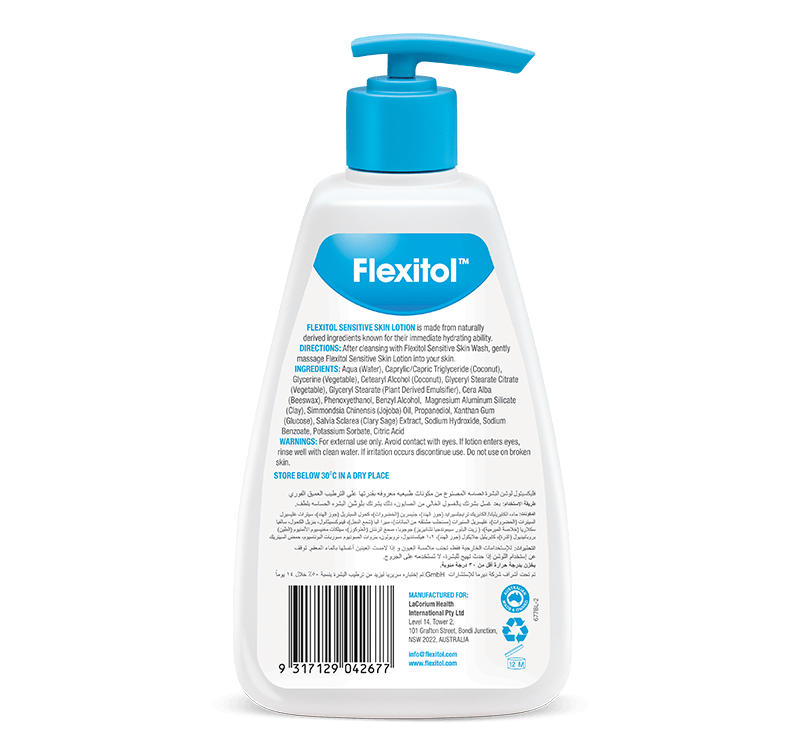 flexitol sensitive skin lotion back of bottle image