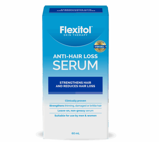 Front of Flexitol Anti-Hair Loss Serum box on black background