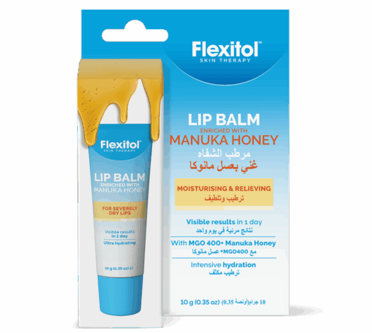 Front of Flexitol Lip Balm Enriched with Manuka Honey box with tube visible beside it