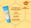 Flexitol Lip Balm Manuka Honey tube with text listing ingredients and honey dipper illustration