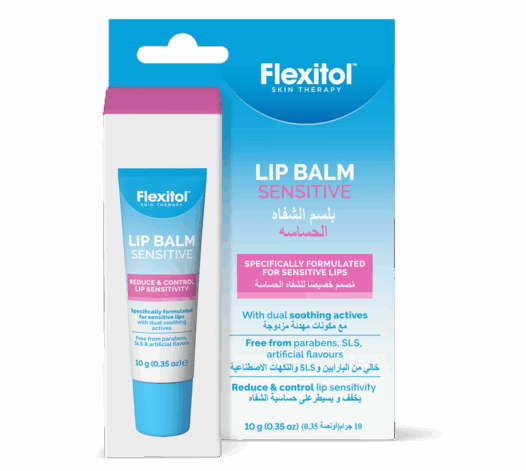 Front of Flexitol Lip Balm Sensitive box with tube shown beside it on a transparent background