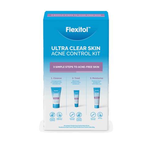 Front of Flexitol Ultra Clear Skin Acne Control Kit box on transparent background