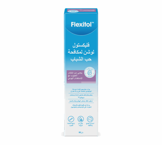 Back of Flexitol Acne Control Lotion box with Arabic text and icons