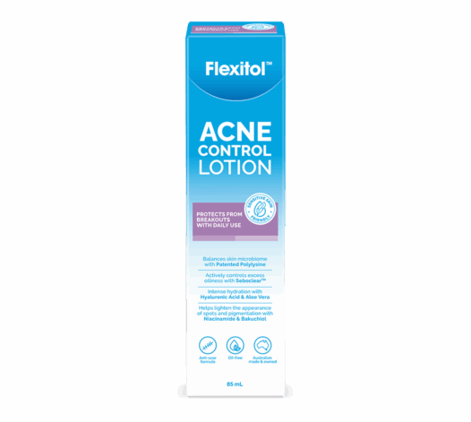 Front of Flexitol Acne Control Lotion box on transparent background