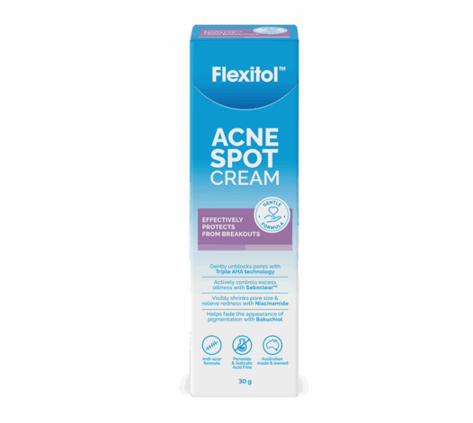 Front of Flexitol Acne Spot Cream box on transparent background
