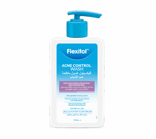 Front of Flexitol Acne Control Wash pump bottle on black background